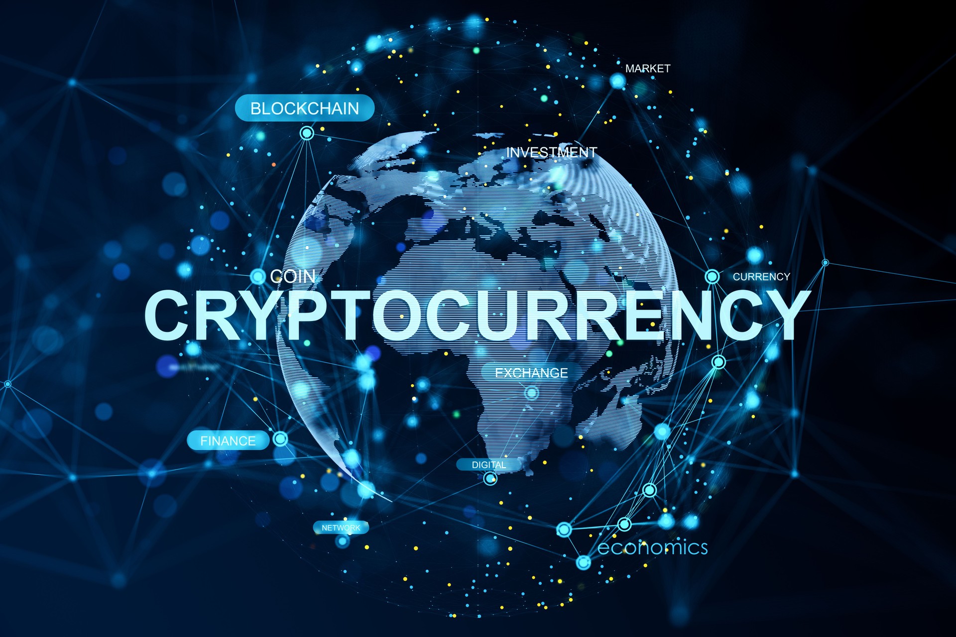Futuristic cryptocurrency concept with digital connections and blockchain technology around Earth on dark background in glowing blue tones.. 3D Rendering